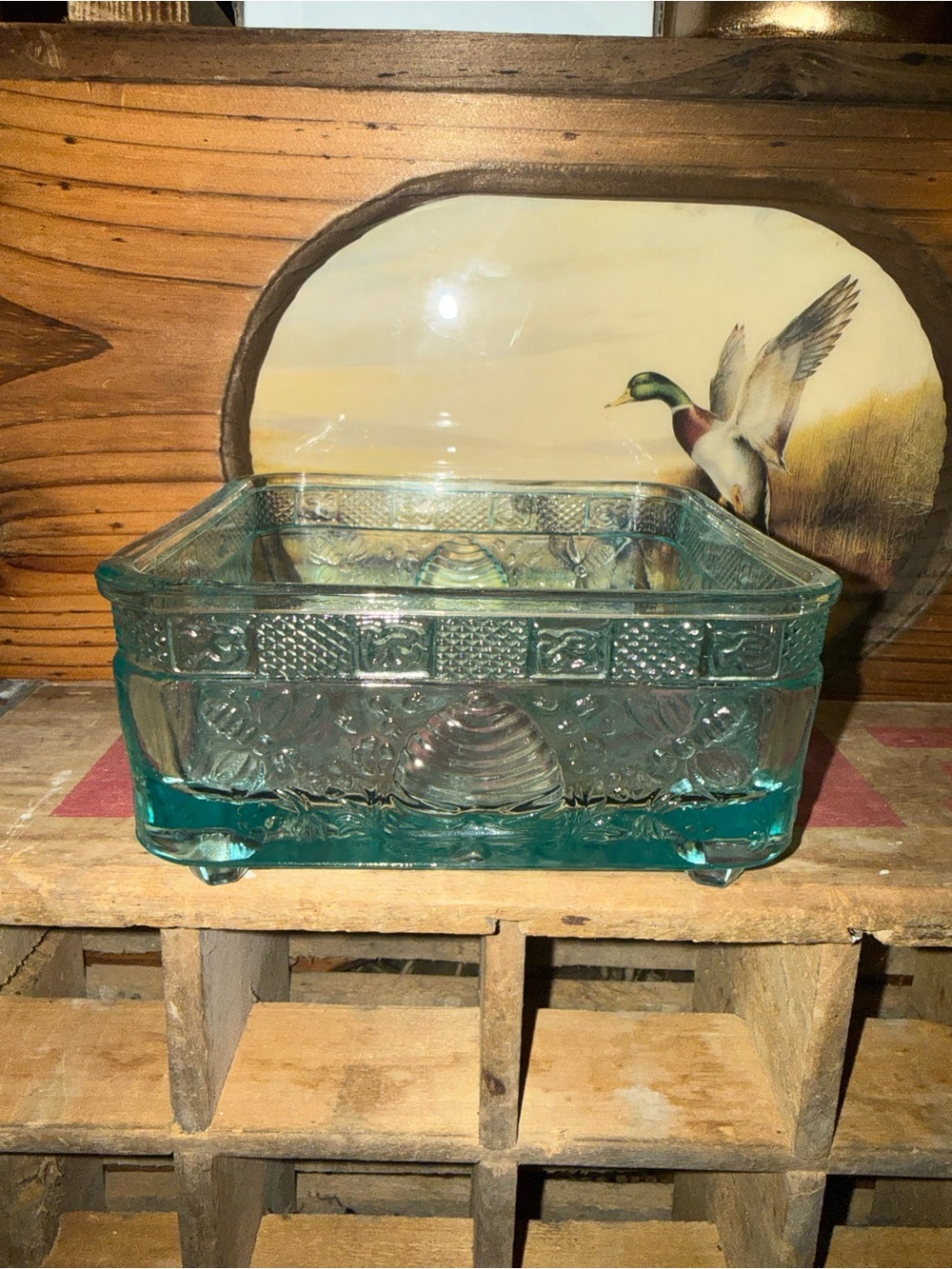 Indiana glass company Tiara Aqua Glass Decorative Dish bee box